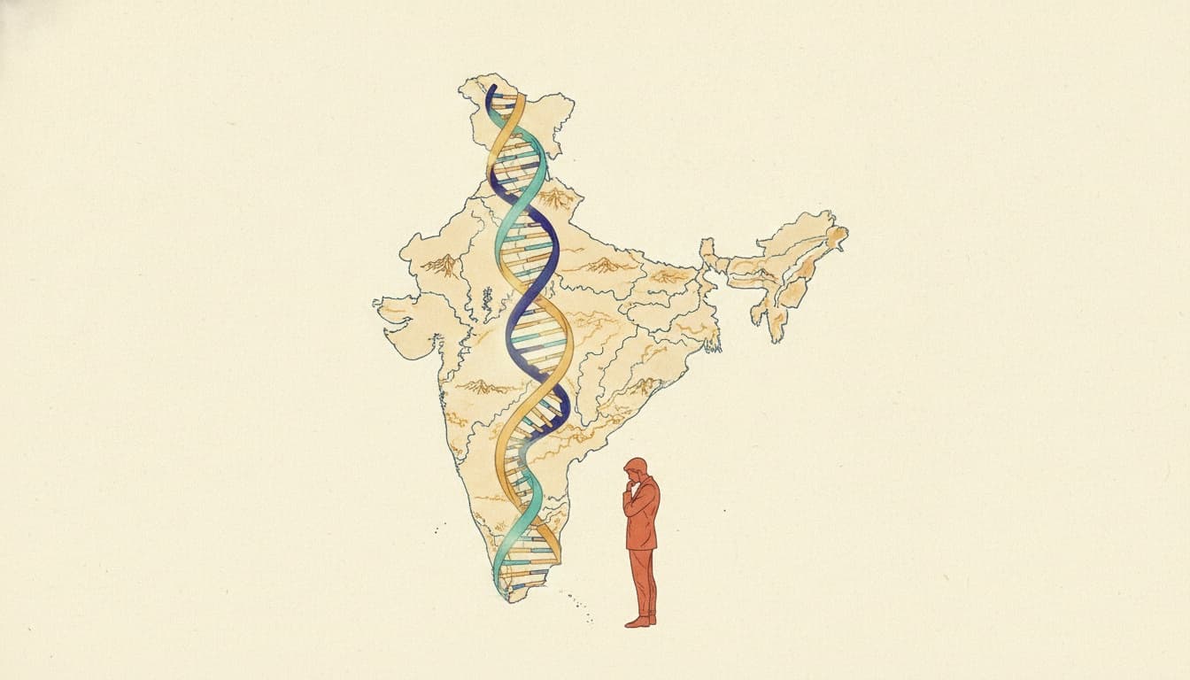 A lone figure studying a map of India woven from DNA strands.