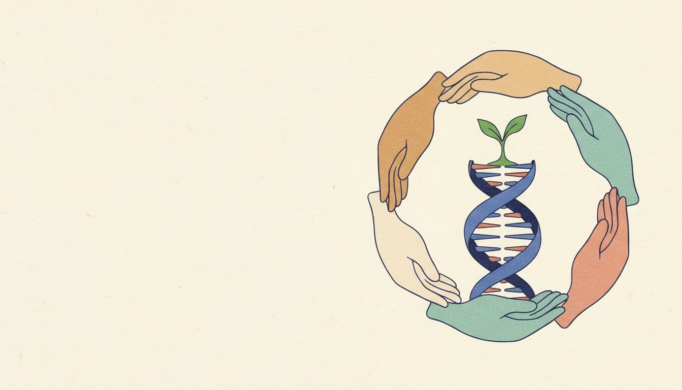 Hands of different people gathered in a circle around a DNA helix with a seedling growing from it.