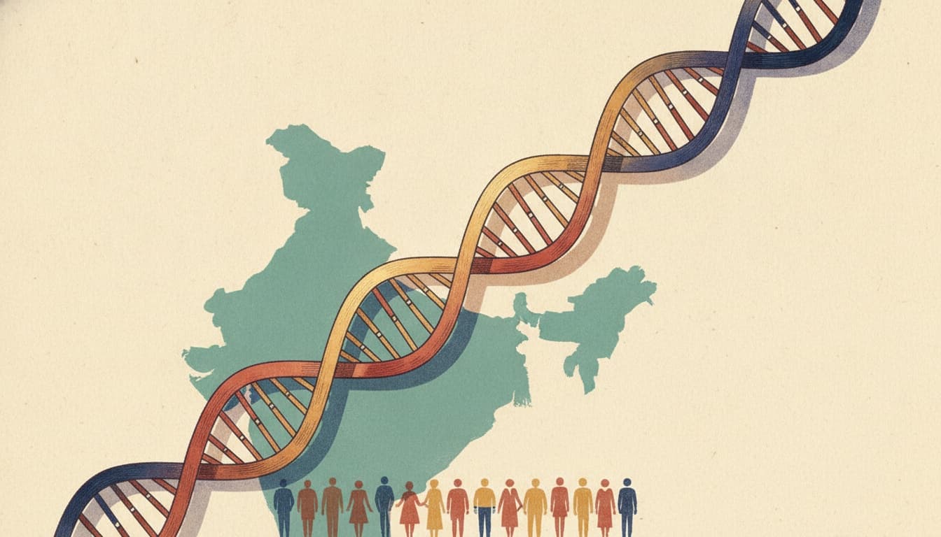 A DNA double helix rising over a map of India and a row of diverse people — the idea of a genomic blind spot being brought to light.