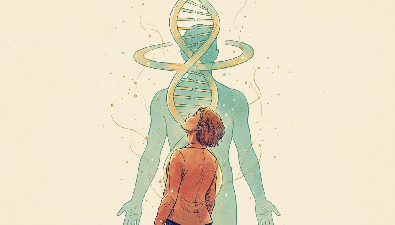A curious student looking up at a glowing DNA helix and the outline of a human body.